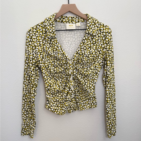 Maeve by Anthropologie Collared Long Sleeve Ruched Button Up Blouse Small - Picture 2 of 9